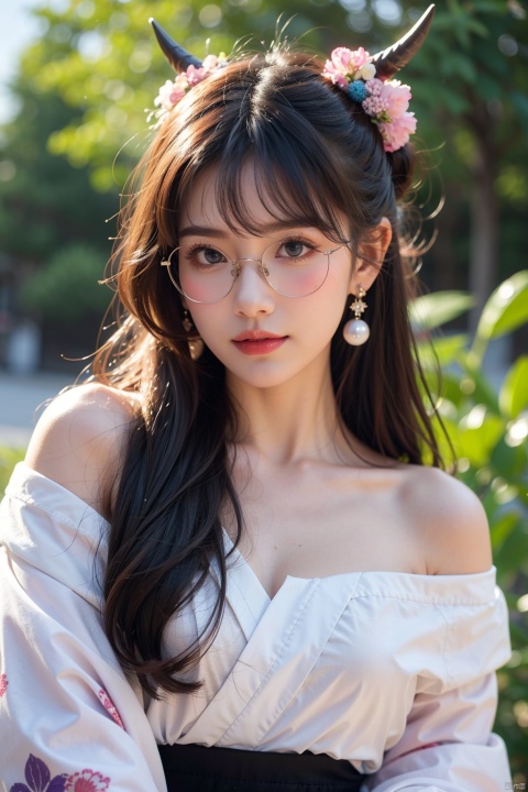  1girl, solo, long hair, looking at viewer, smile, bangs, blue eyes, black hair, hair ornament, long sleeves, holding, bare shoulders, jewelry, closed mouth, blue hair, upper body, purple hair, flower, multicolored hair, earrings, japanese clothes, horns, glasses, pointy ears, hairclip, kimono, off shoulder, hair bun, star \(symbol\), parted bangs, double bun, pink flower, round eyewear, paintbrush, colorful
