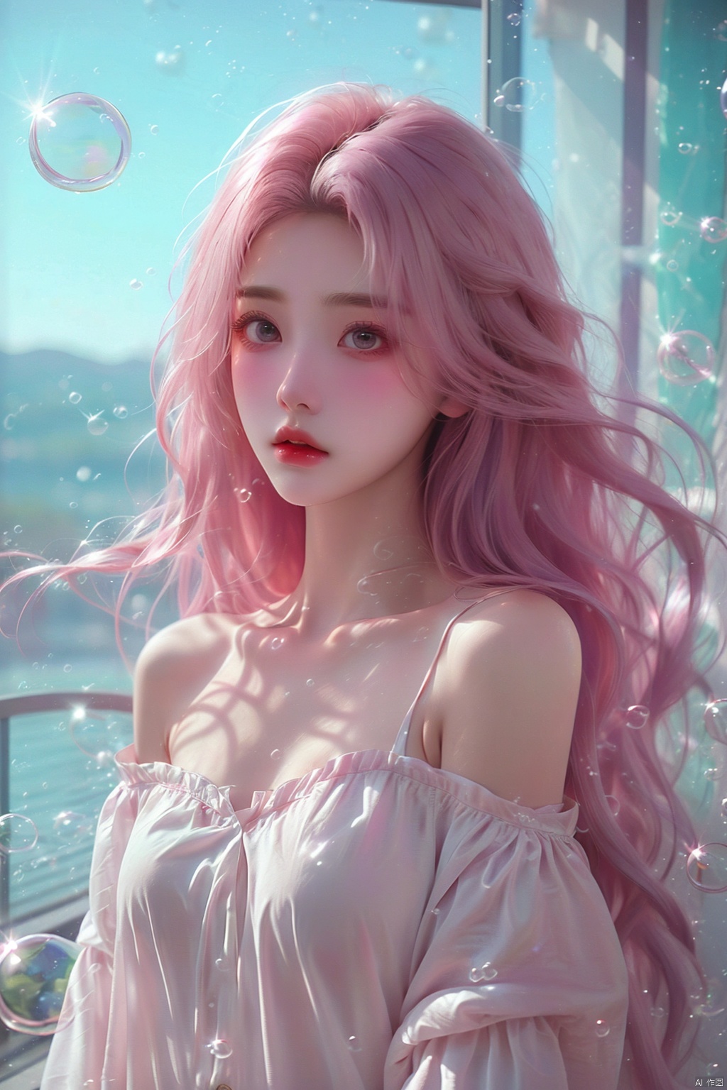  (bubble:1.5),1girl, solo, long hair, dress, bare shoulders, purple eyes, collarbone, upper body, pink hair, parted lips, off shoulder, white dress, floating hair, looking away, wind, (\meng ze\), Light master