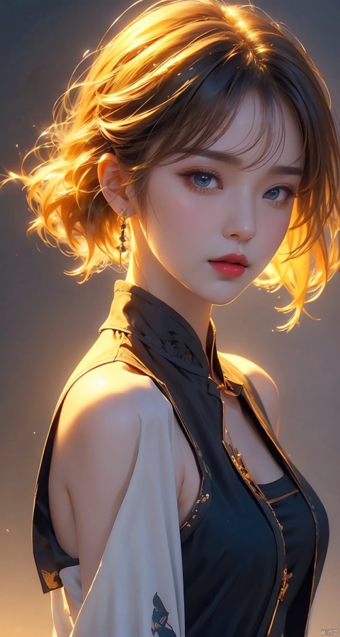  1girl,blonde hair,solo,blue eyes,jewelry,earrings,android 18,short hair,realistic,looking at viewer,upper body,breasts,lips,medium breasts,from side,shirt,grey background,bare shoulders,nose,sleeveless,black shirt,simple background,eyelashes,closed mouth,artist name,makeup,looking to the side,red lips,expressionless,off shoulder,looking back,bangs,sleeveless shirt,from behind,bob cut,jacket,forehead,parted lips,official art,extremely detailed CG unity 8k wallpaper,perfect lighting,Colorful,Bright_Front_face_Lighting,(masterpiece:1),(best_quality:1),ultra high res,8K,ultra-detailed, ((poakl)), (\shen ming shao nv\), (\yan yu\), (\ji jian\)