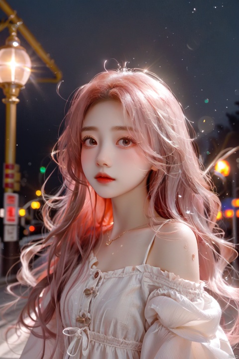  A petite, young girl with long red hair and a white dress walks on the gray street under the glow of the street lamps. As she looks up at the camera, her gaze reflects the light, creating a gentle glow that captivates the audience., (\meng ze\)