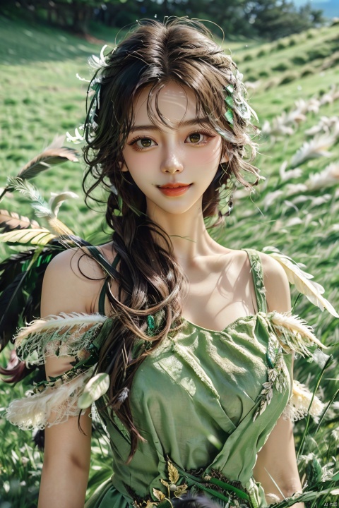  (grass:1.5),1girl,a gorgeous long dress made of feathers,green feather,huge feathers,complex background,beautiful background,(feathers everywhere:1.3),depth of field level,,kind smile,looking_at_viewer,Dynamic pose, BY MOONCRYPTOWOW, angel