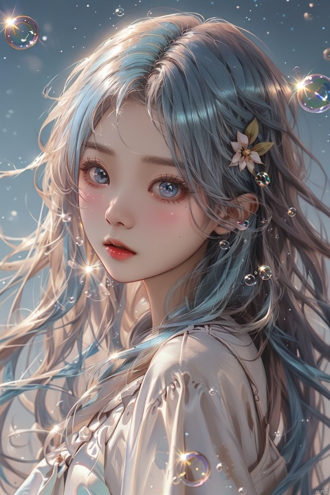  (bubble:1.5),(masterpiece, extremely detailed 8k wallpaper,best quality), (best illumination, best shadow, extremely delicate and beautiful), floating, finely detail, Depth of field (bloom), (shine), glinting stars,classic, (illustration), (sketch),(panorama),detailed eyes,perfect face,
upper_body,white background,
1 girl,solo,
blue hair,long hair,loli,brown eyes,hair ribbon,
white dress,long sleeves,
, (\meng ze\)