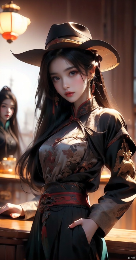  Villain League,A Western cowboy, cowboy hat, tattoo,in bar,in the dark Gothic style,dynamic poses,highly detailed,ultra-high resolutions,32K UHD,best quality,masterpiece,,depth of field,Henry Caville,1girl, (\yan yu\), ((poakl)), (\shen ming shao nv\), (\ji jian\)