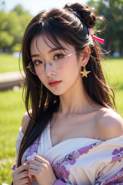  1girl, solo, long hair, looking at viewer, smile, bangs, blue eyes, black hair, hair ornament, long sleeves, holding, bare shoulders, jewelry, closed mouth, blue hair, upper body, purple hair, flower, multicolored hair, earrings, japanese clothes, horns, glasses, pointy ears, hairclip, kimono, off shoulder, hair bun, star \(symbol\), parted bangs, double bun, pink flower, round eyewear, paintbrush, colorful