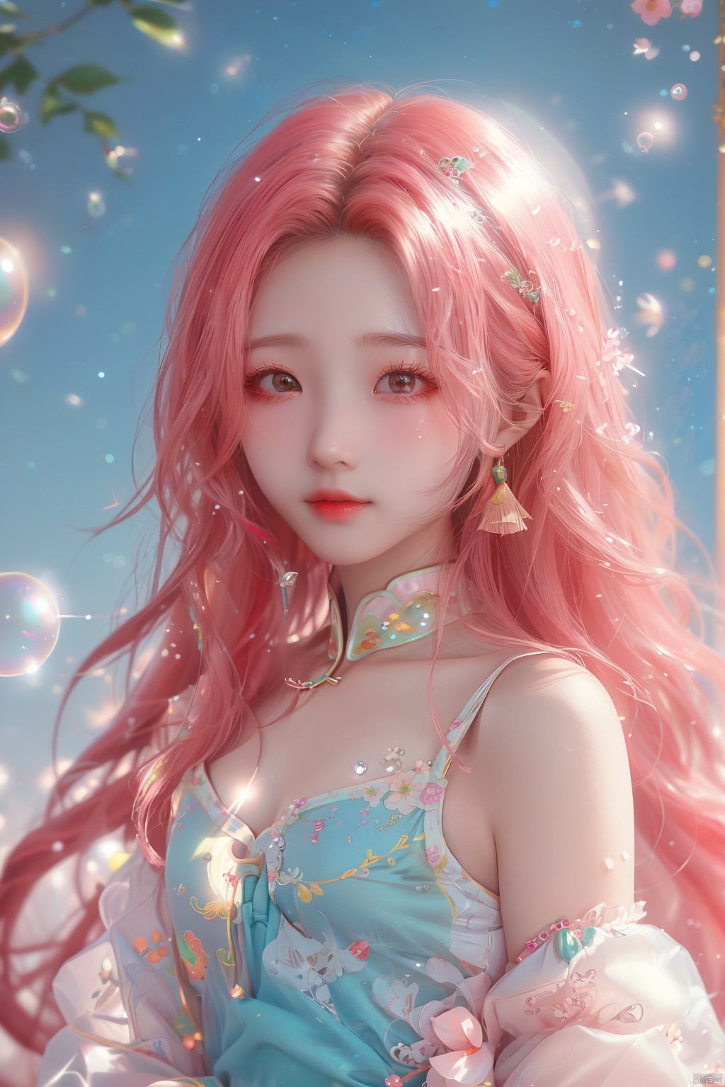  pink hair,bubble,1 girl, ****_female, (medium breasts:), upper body, (masterpiece, top quality, best quality, official art, beautiful and aesthetic), (1girl), extreme detailed eyes, (fractal art:1.3), highest detailed, (perfect face), shiny skin, HDR, galaxy, (light streaks), striking visuals, tutututu, see-through, (cheongsam), cheongsam, tutututu, red earrings, red jewelry, (\meng ze\)