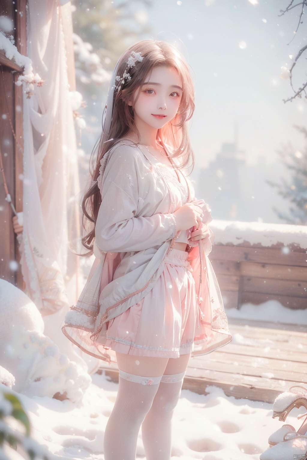  1 girl,Transparent skirt,pink face,stockings,(snow:1.2),(snowing:1.2),peach blossom,snow,solo,scarf,pink hair,smile,long hair,bokeh,realistic,long coat,blurry, captivating gaze, embellished clothing, natural light, shallow depth of field, romantic setting, dreamy pastel color palette, whimsical details, captured on film,. (Original Photo, Best Quality), (Realistic, Photorealistic: 1.3), Clean, Masterpiece, Fine Detail, Masterpiece, Ultra Detailed, High Resolution, (Best Illustration), (Best Shadows), Complex, Bright light, modern clothing, (pastoral: 1.3), smiling,standing,(very very short skirt:1.5),knee socks,(white shoes: 1.4),long legs, forest, grassland,(view: 1.3), 21yo girl, striped, , capricornus, 1girl, light master, Light master, ((poakl)), wangzuxian,yuzu,high_heels,yellow_footwear,long_hair,black_hair, (\meng ze\)