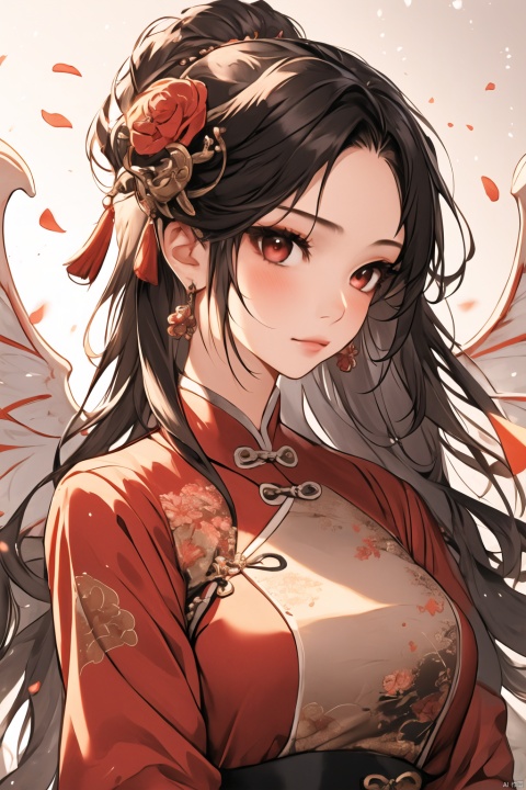 1girl, solo, hair ornament, jewelry, earrings, petals, flower, upper body, long hair, chinese clothes, long sleeves, , (\shen ming shao nv\),wings