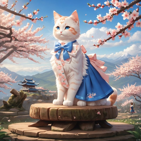  cinematic photo masterpiece,A lovely cat,On the stump.,Peach blossom,Big cat,Lovely,White cat,Blue eyes,Bow knot,Anthropomorphism,Stand,Skirt,, (\shen ming shao nv\)