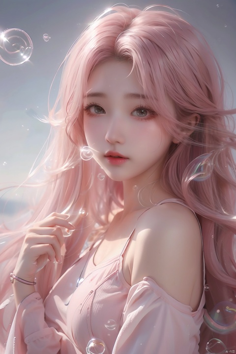  (bubble:1.5),1 girl, pink long hair, wind blown hair, close-up, Tight yoga clothing, Half-body