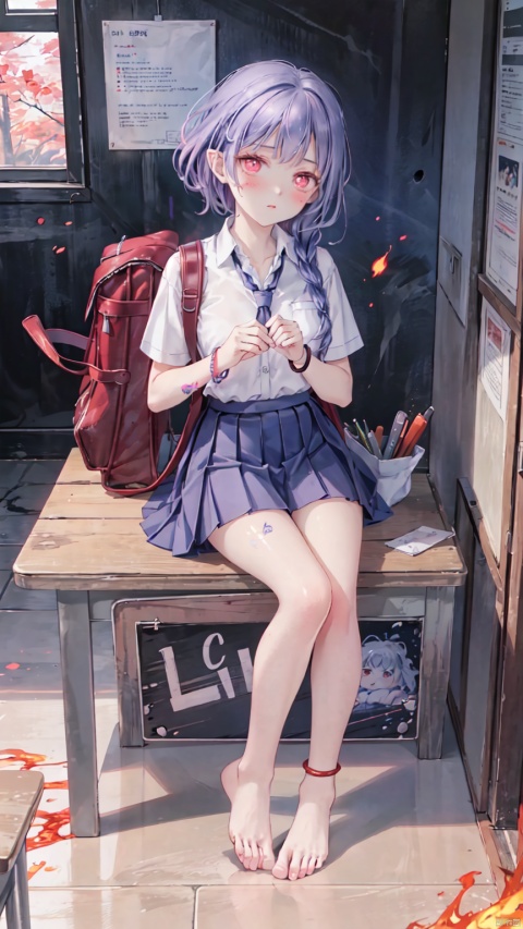  Masterpiece,best quality,1 girl,pink eyes,pointy ears,school uniform,(large chest),short ear hair,alternative clothing,lavender skirt,fringe,looking at the audience,blush,bag,symbolic pupils,short purple hair,bracelet,shirt,fringe,contemporary,braid,pleated skirt,lavender skirt,white shirt,dark purple tie,collared shirt,(in the classroom),(Full length),(sitting on a table),(Lift legs, spread legs, ),(pubic area with love tattoos, lavender pubic hair),(bare feet, delicate bare feet),raiden shogun,the book between the legs,holding a backpack, (\huo yan shao nv\),fire, fiery red hair, fiery red eyes