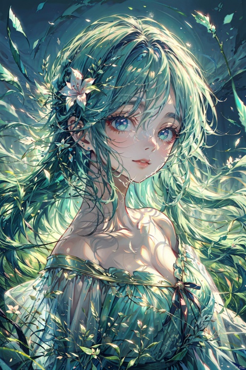  (best quality), (masterpiece),anime, female character, flowing hair, aqua hair, floral hair accessory, fantasy, ethereal, glowing, pastel colors, delicate pose, serene expression, translucent fabric, illustrated artwork, portrait style, dark background with floral elements, supernatural, ethereal atmosphere, long hair, light effects, high-resolution digital art, youthful appearance, off-shoulder dress, ribbons, water-like elements, magical theme