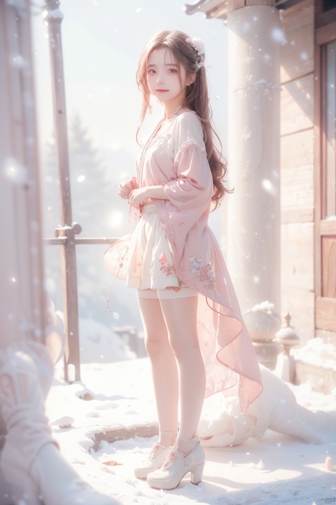  1 girl,Transparent skirt,pink face,stockings,(snow:1.2),(snowing:1.2),peach blossom,snow,solo,scarf,pink hair,smile,long hair,bokeh,realistic,long coat,blurry, captivating gaze, embellished clothing, natural light, shallow depth of field, romantic setting, dreamy pastel color palette, whimsical details, captured on film,. (Original Photo, Best Quality), (Realistic, Photorealistic: 1.3), Clean, Masterpiece, Fine Detail, Masterpiece, Ultra Detailed, High Resolution, (Best Illustration), (Best Shadows), Complex, Bright light, modern clothing, (pastoral: 1.3), smiling,standing,(very very short skirt:1.5),knee socks,(white shoes: 1.4),long legs, forest, grassland,(view: 1.3), 21yo girl, striped, , capricornus, 1girl, light master, Light master, ((poakl)), wangzuxian,yuzu,high_heels,yellow_footwear,long_hair,black_hair, (\meng ze\)