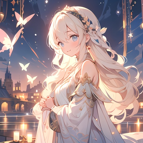  (((masterpiece))), ((best quality)), ((intricate detailed)),(\shen ming shao nv\), glowing butterfly, 1girl,from left side, long hair, blonde hair, white dress,Upper body to thighs, watery eyes,delicate detailed eyes,long hair,black hair mange style,long sleeve,flower headband,4k,8k,round eyes,round pupil,happy,colourful,fantasy magical,complex hair detail,happy,texture on clothings, girl