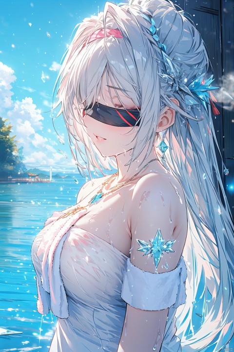 (ice:1.5),glowing, 1girl bathing in the pool,blue-pink smoke, shoulders exposed to the water surface (wrapped in a towel: 1.5),Forehead gemstone, (with a large amount of water vapor on the surface: 1.5), (hot spring), lantern, night,girl, bust, long white hair, flowing long hair,((blindfold, blindfold)),rosy lips, fair skin, off-the-shoulder, collarbone, necklace,silver jewelry, backlight, subway, 1girl,high_heels, see-through control, (\shuang hua\)