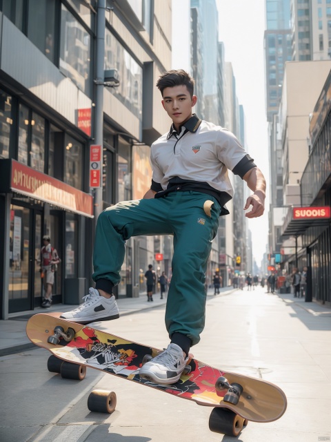skateboard, masterpiece,1 Man,Look at me,Handsome,Lovely,textured skin,super detail,best quality,adapted_uniform,Bustling city, 1 boy, a boy_gmlwman, Muscular Male, (\a suo\),