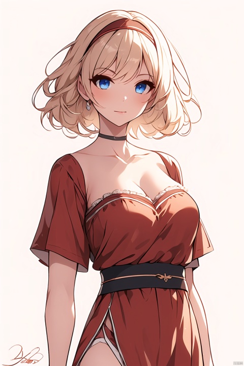  1girl, solo, breasts, looking at viewer, short hair, bangs, blue eyes, blonde hair, large breasts, shirt, cleavage, jewelry, collarbone, hairband, shorts, signature, collar, sash, strapless, red shirt, instrument, white shorts, red hairband, neck ring, waist cape, strapless shirt, irida \(pokemon\)