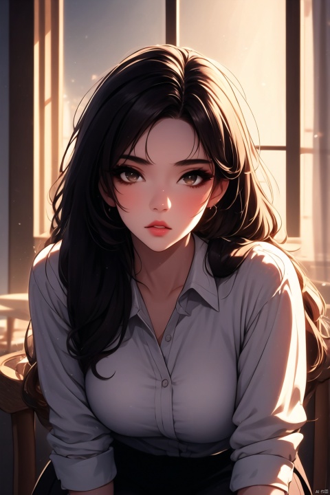 xiannv,1girl,long hair,black hair,skirt,solo,indoors,shirt,striped shirt,striped,holding,window,blurry background,black skirt,pen,blurry,leaning forward,parted lips,pencil skirt,brown eyes,table,chair,jewelry,collared shirt,cinematic,HD,Lucid,detailed,photography,colorful,atmospheric,perfect lighting,aesthetic,elegant,Delicate features, clear eyes, nose, mouth, ears, eyebrows, seductive expression, sexy lips, 1 girl