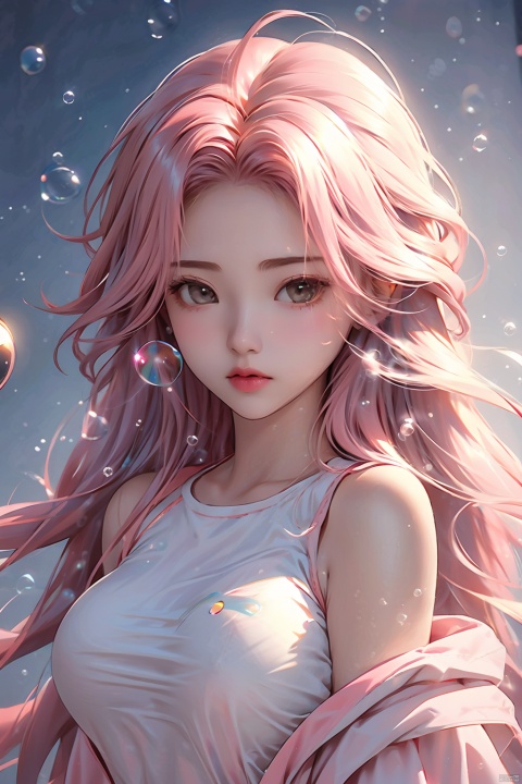  (bubble:1.5),1 girl, pink long hair, wind blown hair, close-up, Tight yoga clothing, Half-body