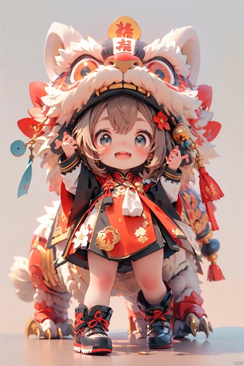  Lion dance,(\shi shi ru yi\), 1girl, one eye closed, smile, open mouth, dress, hat, solo, blush, full body, looking at viewer, bangs, standing, black footwear, hair between eyes, brown hair, horns, long sleeves, hair ornament, thick eyebrows, blue eyes, simple background, boots, chibi, 372089, nai3, new year
