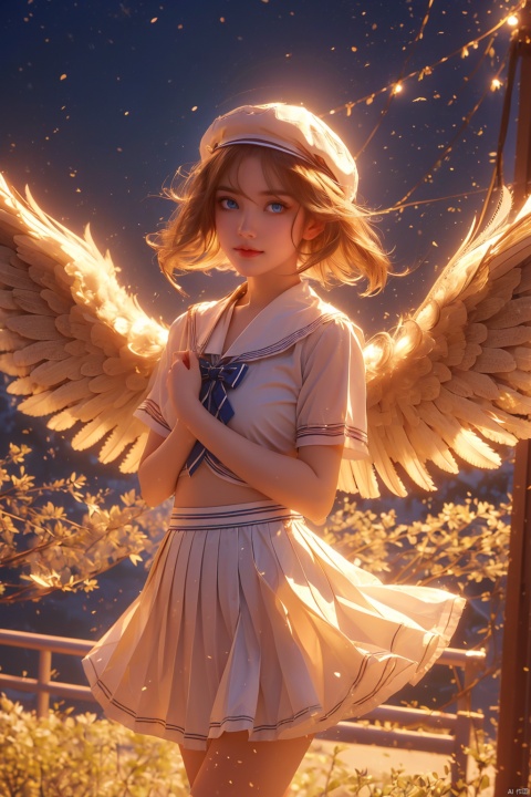  (wings:1.5),1girl, solo, looking at viewer, blush, smile, short hair, open mouth, bangs, blue eyes, skirt, brown hair, shirt, hair ornament, hat, bow, holding, hair between eyes, school uniform, standing, collarbone, white shirt, short sleeves, :d, cowboy shot, pleated skirt, outdoors, sky, serafuku, day, cloud, sailor collar, blue sky, hands up, bird, white headwear, blue bow, white skirt, building, white sailor collar, (\shen ming shao nv\), (\meng ze\)