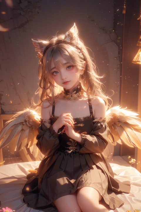  (wings:1.5),1girl, solo, long hair, looking at viewer, blush, bangs, skirt, simple background, shirt, black hair, red eyes, long sleeves, animal ears, hair between eyes, bare shoulders, sitting, closed mouth, collarbone, jacket, flower, open clothes, sleeveless, wide sleeves, black skirt, grey background, coat, head tilt, hands up, piercing, own hands together, ear piercing, purple flower, wrist scrunchie, erune, Thick coating, (\shen ming shao nv\), (\meng ze\)