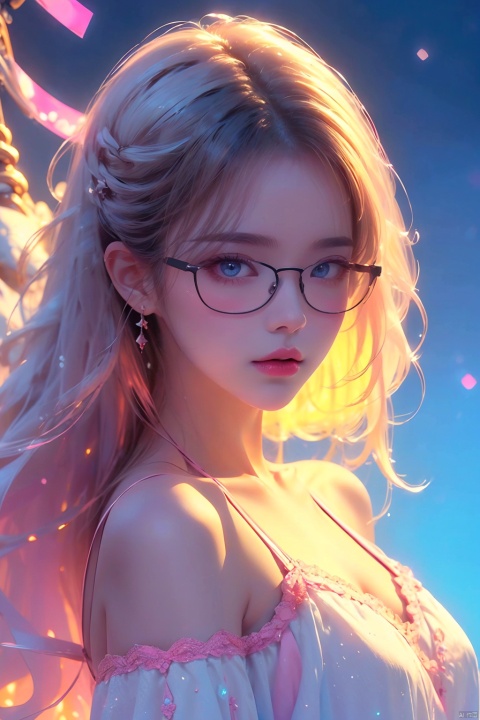 Dimensional Armory,Lying in bed, looking from above,Anime girl in bare-shoulder dress,glowing eyes,with long white hair,wearing black glasses frame,glowing pink special effects,gradient pink and blue Lights,light blue background,rich details, the eyes,ultra high resolution,32K UHD,best quality,masterpiece,