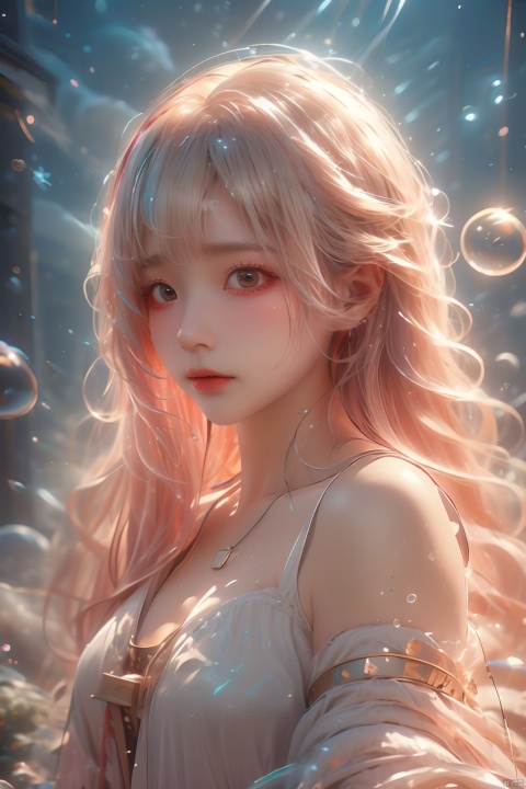 (bubble:1.5), 1girl,wearing Collectable Space Age Pearlescent Bracers, soft focus, Modern Art, （key light：1.2）,flower,jellyfish, Grayscale, glittering, runes,( Light streaks:1.3), （highly detailed：1.3）, 8K,jellyfishforest,,Fractal,smoke, cloud,Soaring through the clouds and mist, Colored hair,Colored smoke,moyou, Multidimensional diffraction paper, , glow, (\meng ze\)
