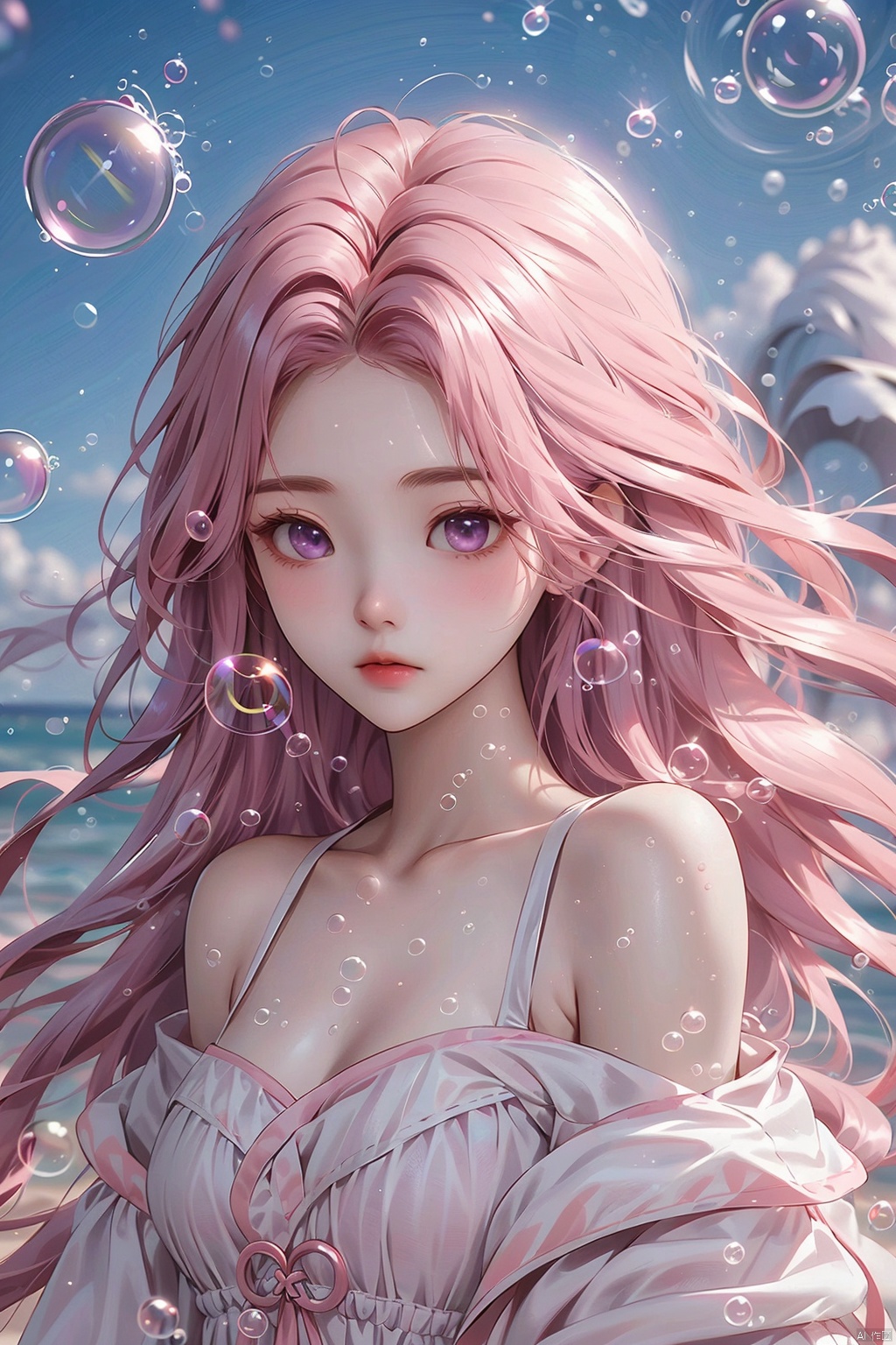  (bubble:1.5),1girl, solo, long hair, dress, bare shoulders, purple eyes, collarbone, upper body, pink hair, parted lips, off shoulder, white dress, floating hair, looking away, wind, (\meng ze\), Light master