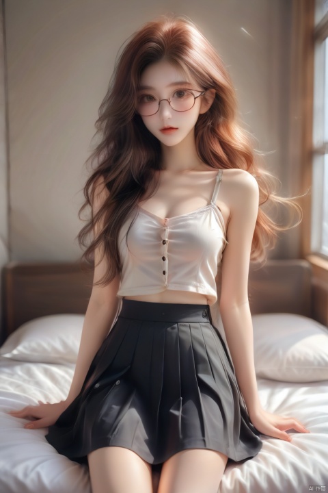  Enhanced, masterpiece, 16K, JK, 1 girl, glasses, short hair, school uniform, skirt, Lie in bed,, (\meng ze\), (\shen ming shao nv\), babata, (\MBTI\)