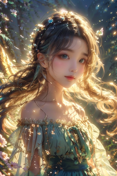  (best quality), (masterpiece),anime, female character, flowing hair, aqua hair, floral hair accessory, fantasy, ethereal, glowing, pastel colors, delicate pose, serene expression, translucent fabric, illustrated artwork, portrait style, dark background with floral elements, supernatural, ethereal atmosphere, long hair, light effects, high-resolution digital art, youthful appearance, off-shoulder dress, ribbons, water-like elements, magical theme, (\shen ming shao nv\), ((poakl)), jiqing