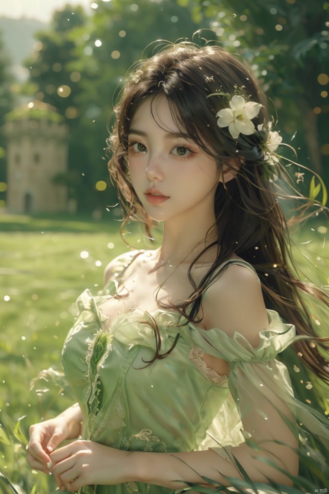 (grass:1.5), 1 girl,solo, blone hair, long hair, princess dress, pretty beautiful makeup, garden, castle, flowers,