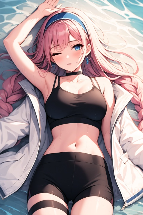  1girl, solo, long hair, breasts, looking at viewer, bangs, blue eyes, navel, bare shoulders, jewelry, jacket, pink hair, braid, cowboy shot, hairband, earrings, small breasts, lying, parted lips, one eye closed, open clothes, shorts, choker, midriff, pants, on back, water, off shoulder, stomach, arm up, twin braids, open jacket, official alternate costume, crop top, short shorts, black shorts, black pants, white jacket, camisole, white hairband, sports bra, spaghetti strap, legwear under shorts, leggings, blue poison \(arknights\), blue poison \(shoal beat\) \(arknights\)