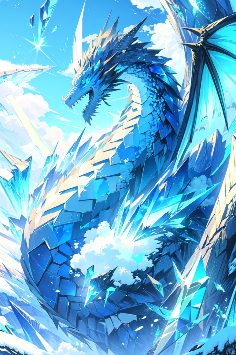  (\han yu long huang\),no humans, dragon, sky, crystal, ice, cloud, outdoors, glowing, wings, scales, blue sky, day, looking at viewer, snow