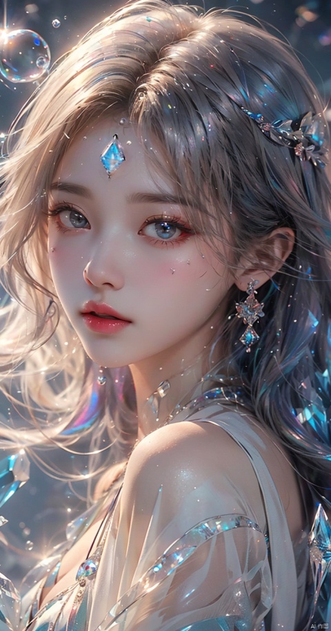  (bubble:1.5),masterpiece,best quality,masterpiece,best quality,official art,extremely detailed CG unity 16k wallpaper,masterpiece,thigh,((1girl)),(science fiction:1.1),(ultra-detailed crystallization:1.5),(crystallizing girl:1.5),kaleidoscope,((iridescent:1.5) long hair),(glittering silver eyes),sitting,surrounded by colorful crystals,blue skin,(skin fusion with crystal:1.8),looking up,face focus,simple dress,transparent crystals,flat dark background,lens flare,prism, 1 girl, (\meng ze\)