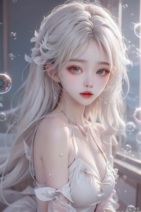  (bubble:1.5),naked skirt,nudist,Nude,1girl,white hair,hair ornament,mature female,shell,pearl,looking at viewer,jewelry,detailed face, (\meng ze\)