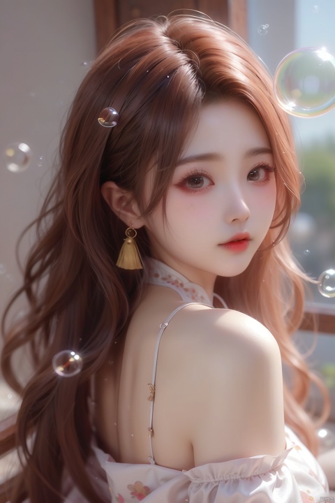 (bubble:1.5), 1girl,solo, (((masterpiece))), (((best quality))), ((ultra-detailed))
Cheongsam, bare shoulder, exposed upper part of the back, depth of field, (\meng ze\)