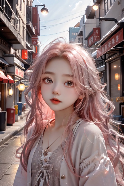  A petite, young girl with long red hair and a white dress walks on the gray street under the glow of the street lamps. As she looks up at the camera, her gaze reflects the light, creating a gentle glow that captivates the audience., (\meng ze\)