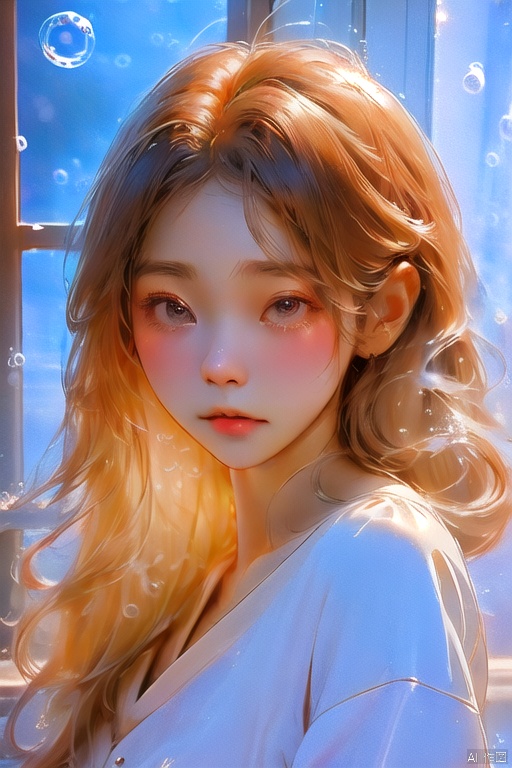  (bubble:1.5),In a quiet indoor space, a young woman sits by the window, her head slightly bowed, hands gently covering her face, and her shoulders trembling slightly. Outside, a fine rain falls, leaving streaks on the glass. The indoor lighting is soft, casting a warm halo around her. Her silhouette appears particularly lonely against the backdrop of the rain, and her tears resonate with the raindrops outside, as if narrating her inner sorrow., (\meng ze\)