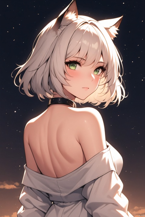  1girl, solo, looking at viewer, short hair, bangs, dress, animal ears, bare shoulders, closed mouth, green eyes, upper body, white hair, sky, looking back, cat ears, off shoulder, from behind, collar, animal ear fluff, night, back, star \(sky\), night sky, starry sky, bare back, oripathy lesion \(arknights\), kal'tsit \(arknights\)