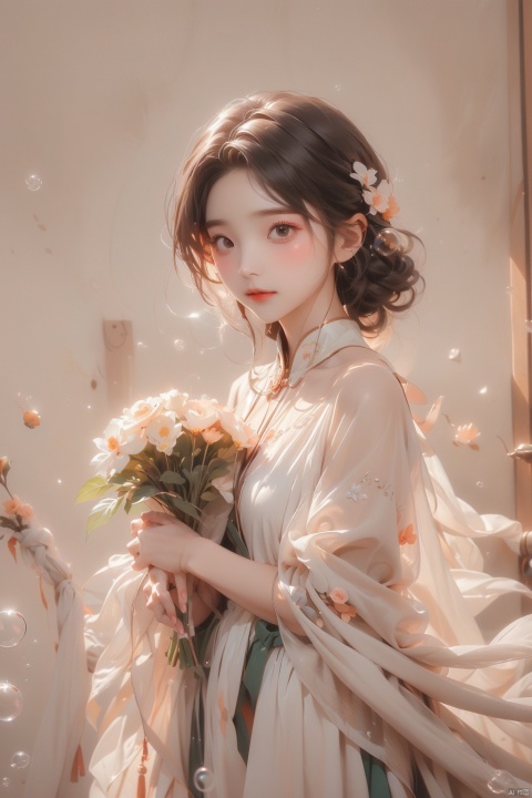  (bubble:1.3), 1 girl, cute, white dress, holding a bouquet of flowers, black short hair, light white wall, (\meng ze\), (\MBTI\), mjuanlian, jiqing, (\ji jian\),bubble, 1girl