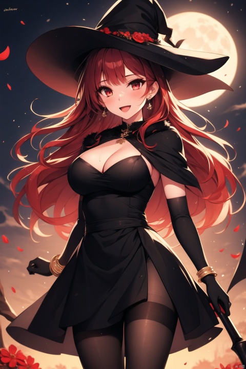  1girl, solo, long hair, breasts, looking at viewer, smile, open mouth, bangs, large breasts, black hair, red eyes, gloves, hat, dress, holding, cleavage, jewelry, medium breasts, standing, weapon, flower, pantyhose, red hair, multicolored hair, earrings, outdoors, black gloves, elbow gloves, blunt bangs, cape, holding weapon, blurry, black dress, bracelet, black pantyhose, fur trim, petals, black headwear, witch hat, night, blurry background, moon, red flower, full moon, side slit, witch