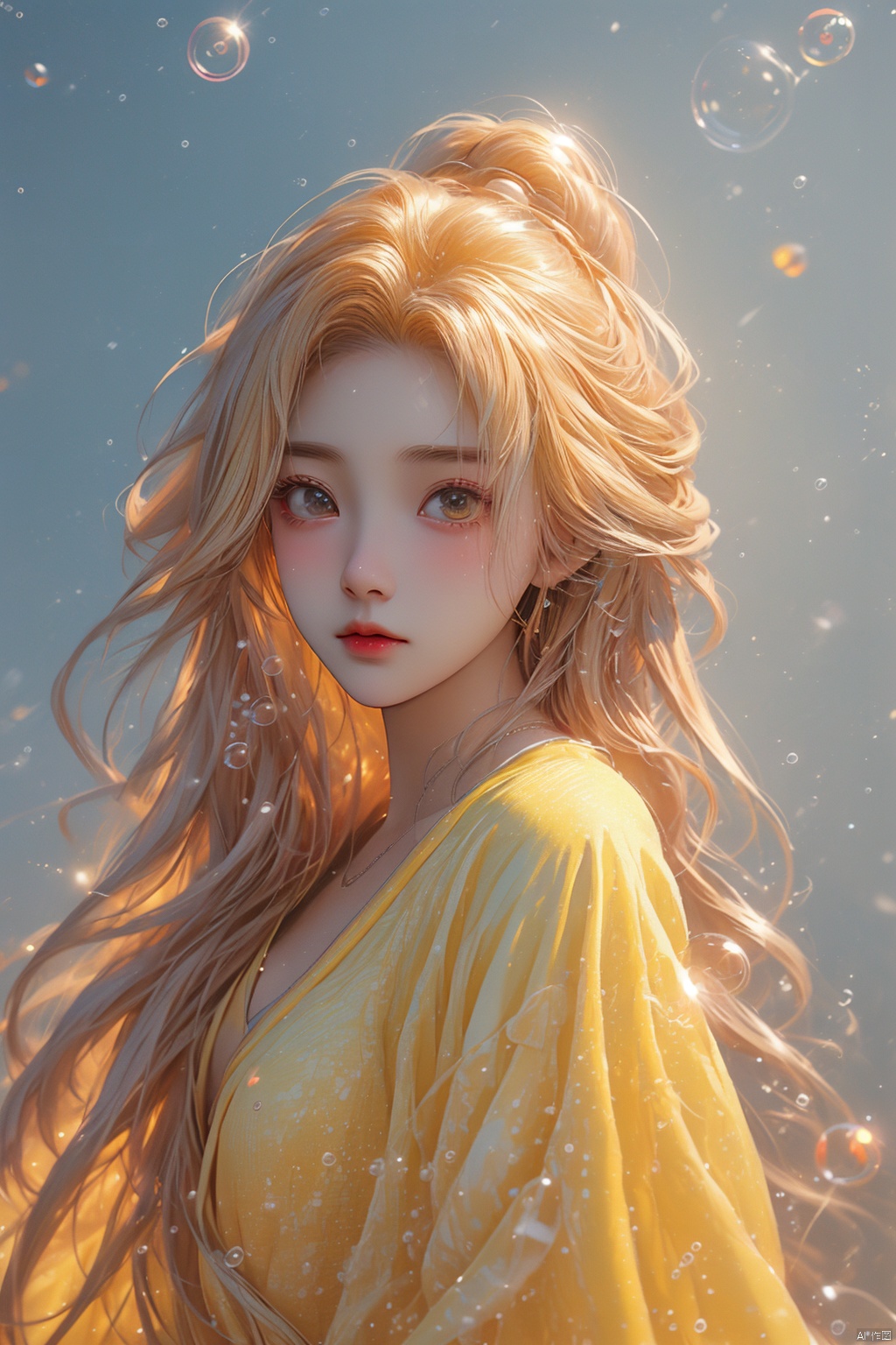 (bubble:1.5), illustrator, anime, realistic, 1girl, lip, Sweater, order, Yellow gradient background, Neon hair, Textured crop, Canadian, (masterpiece, best quality), (\meng ze\), Light master,glowing