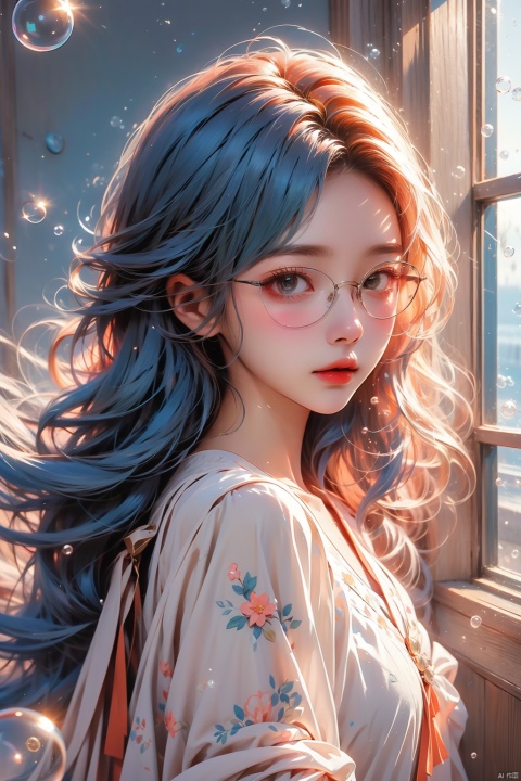  1girl,glowing,blue hair,glasses,bubble,short hair,sewater,standing,masterpiece,best quality,windows,bangs,flower,simple_background, jiqing, Light master,moyou, 1 girl