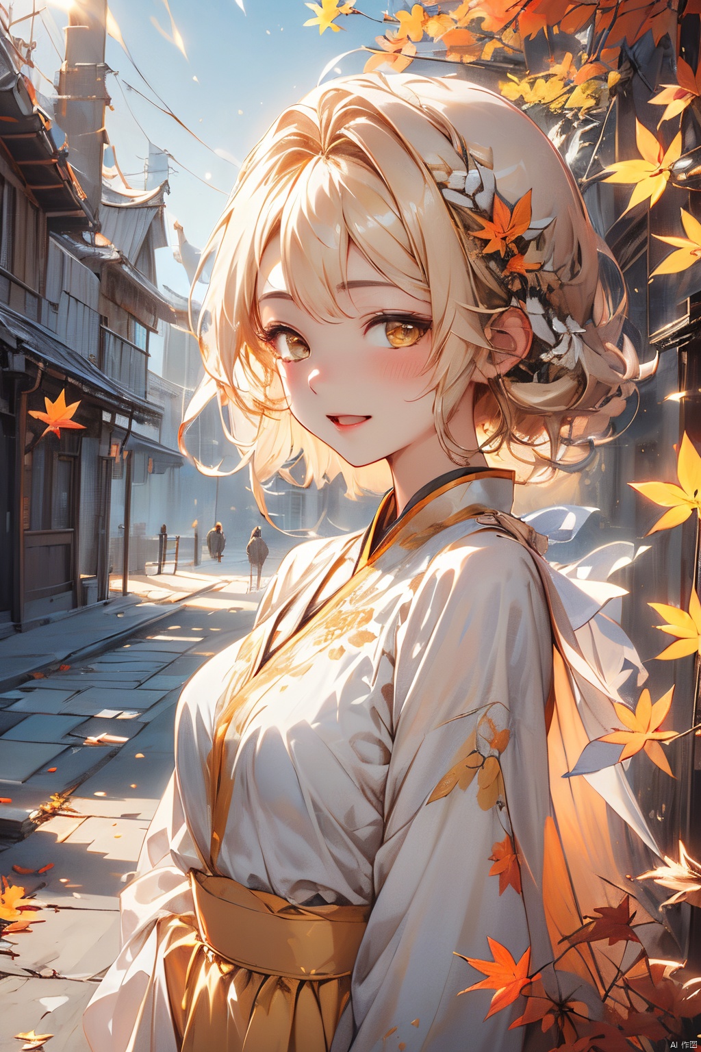  aki shizuha, 1girlaki shizuha blonde hair short hair yellow eyes leaf hair ornamentred shirtskirtlong sleeves, sunset, 8kcg wallpaper, (ultra detailed:1.4), illustration, cinema light, autumn leaves season, 1girl, autumn leaves hair ornament, blush, open mouth, smile, one eye closed, looking out of the viewer, (((touch your hair with one hand))), autumn evening, swaying wind, beautiful background, sunlight filtering through the foliage, scattered light
, (\meng ze\), jiqing, (\MBTI\), mjuanlian