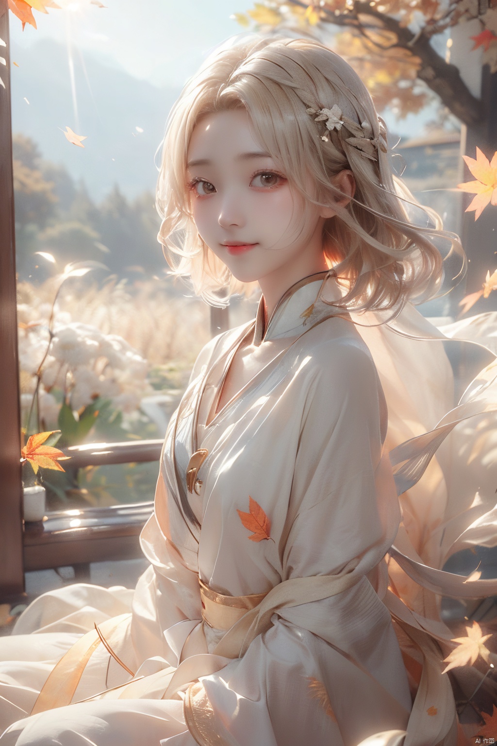  aki shizuha, 1girlaki shizuha blonde hair short hair yellow eyes leaf hair ornamentred shirtskirtlong sleeves, sunset, 8kcg wallpaper, (ultra detailed:1.4), illustration, cinema light, autumn leaves season, 1girl, autumn leaves hair ornament, blush, open mouth, smile, one eye closed, looking out of the viewer, (((touch your hair with one hand))), autumn evening, swaying wind, beautiful background, sunlight filtering through the foliage, scattered light
, (\meng ze\), jiqing, (\MBTI\), mjuanlian,moyou