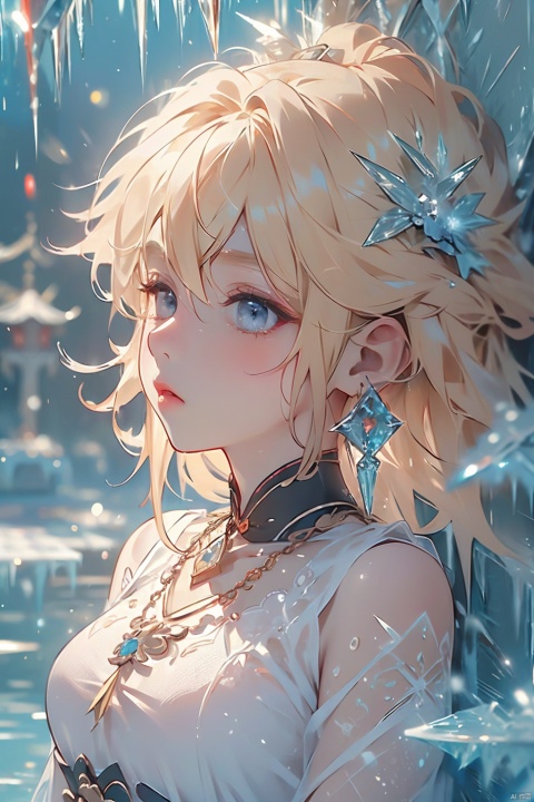 (ice:1.5), masterpiece, 1 girl, Stand, {blonde hair}, jewelry, Earrings, Necklace, {JK}, Newspaper wall, huge filesize, extremely detailed, 8k wallpaper, highly detailed, best quality, yunqing, qrx, qianrenxue, xiaowu, WZRYdajiJW, dyzgqzm, (\shuang hua\), (\huo yan shao nv\), ((poakl)), Light master