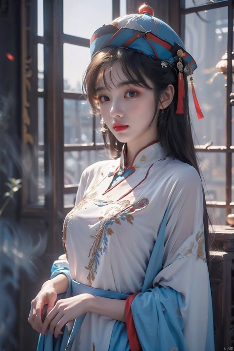  High quality, masterpiece, 1 girl, jiangshi, qing_ Guanmao, no bra,breast curtains,china dress, Light master, dofas, (\shuang hua\)