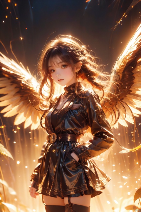  (wings:1.5),1girl, solo, looking at viewer, long hair, drill hair, red eyes, skirt, simple background, shirt, hair ornament, thighhighs, long sleeves, white background, hair between eyes, jewelry, closed mouth, red hair, cowboy shot, open clothes, alternate costume, hairclip, belt, black thighhighs, virtual youtuber, black skirt, necklace, zettai ryouiki, coat, black shirt, turtleneck, hair intakes, open coat, black coat, hands in pockets, ange katrina, (\shen ming shao nv\), jiqing, babata