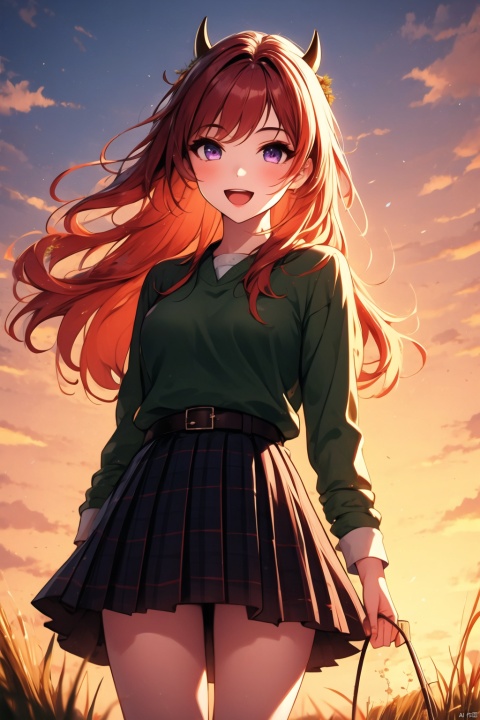  1girl, solo, long hair, looking at viewer, smile, open mouth, bangs, skirt, shirt, long sleeves, holding, very long hair, standing, purple eyes, jacket, :d, pleated skirt, outdoors, horns, sky, belt, miniskirt, black skirt, orange hair, arm up, plaid, feet out of frame, red skirt, plaid skirt, grass, sunset, green jacket, waving, basket, holding basket, wheat