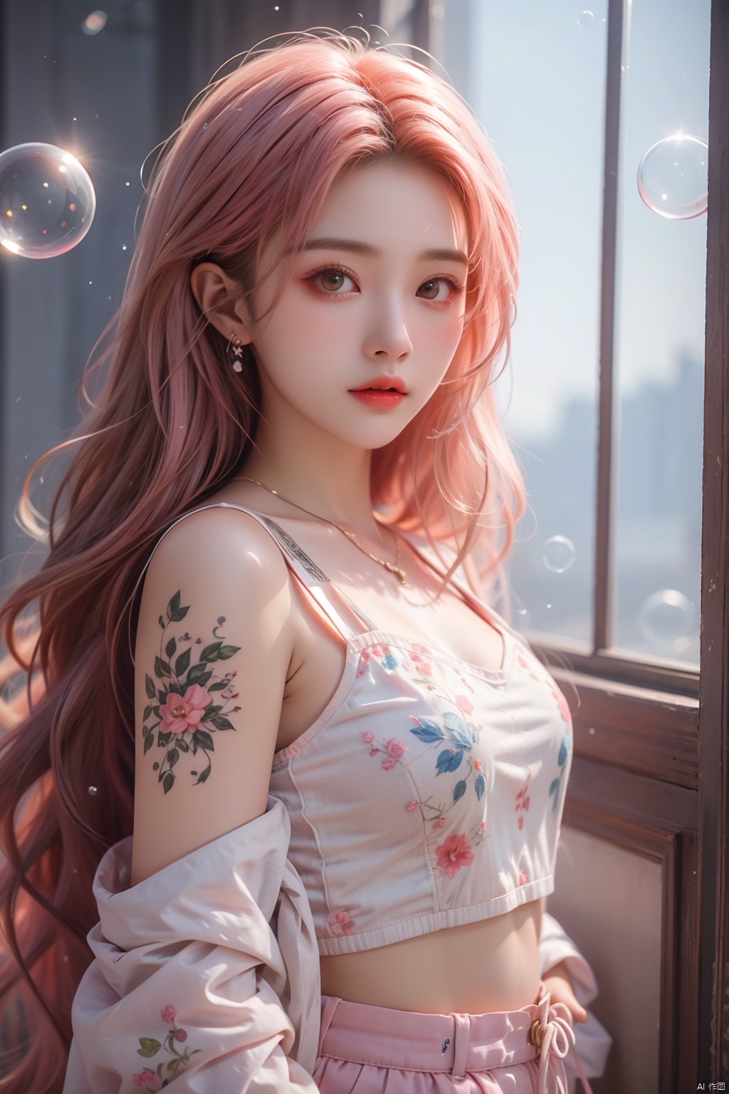  pink hair,bubble,Watercolor 2D Sidescroller,emitting a sense of excitement,a female [Ogre|Witch|k-pop] girl with armored cargo shorts,mecha suit,pink eyes,decorated with complex patterns and beautiful tattoo,Bob,4k,hdr,extremely detailed,Resident Evil 2, (\meng ze\)